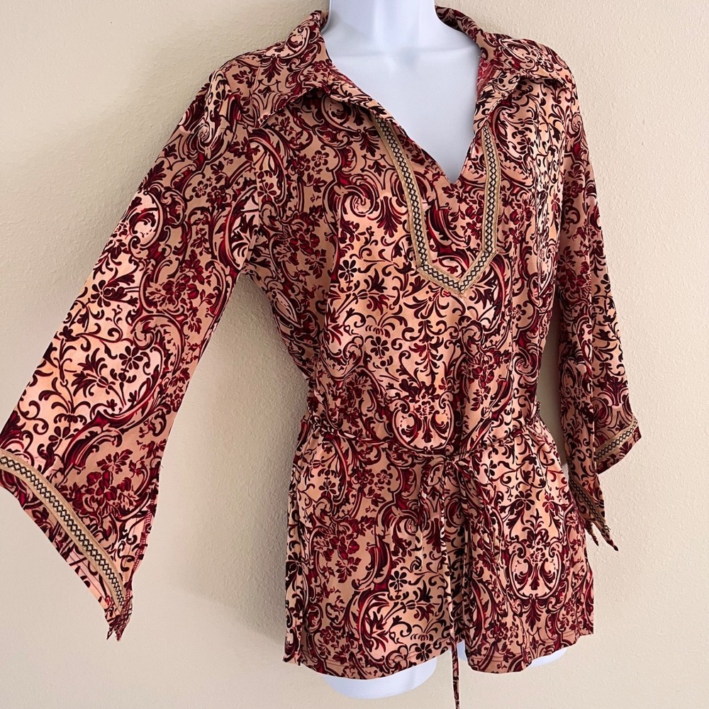 Vintage Forever 21 Tunic Top M/L Baroque Scroll Bell Sleeve Made in USA Boho Y2K